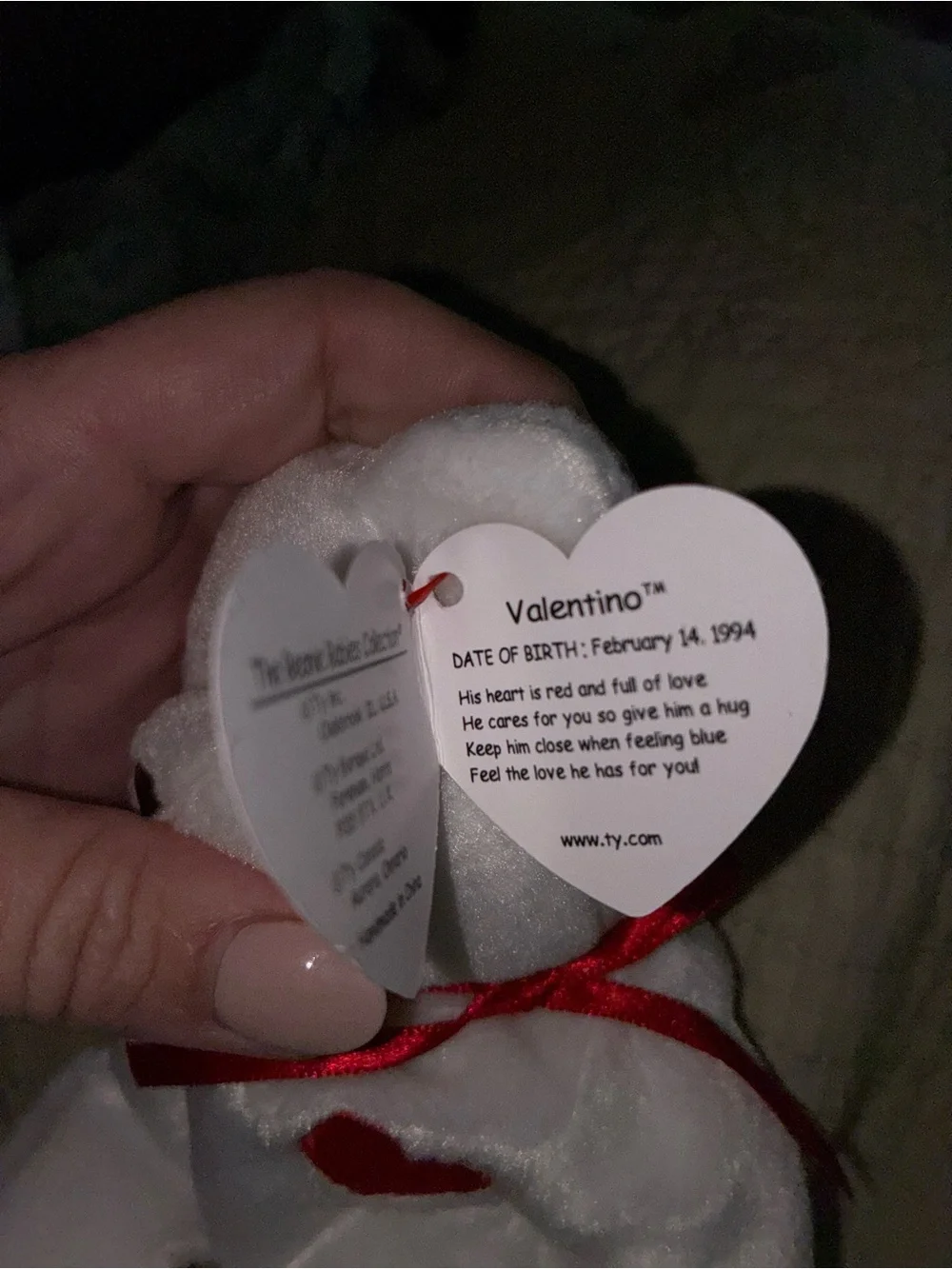 Ty White Bear Plush with Red Heart and Ribbon
